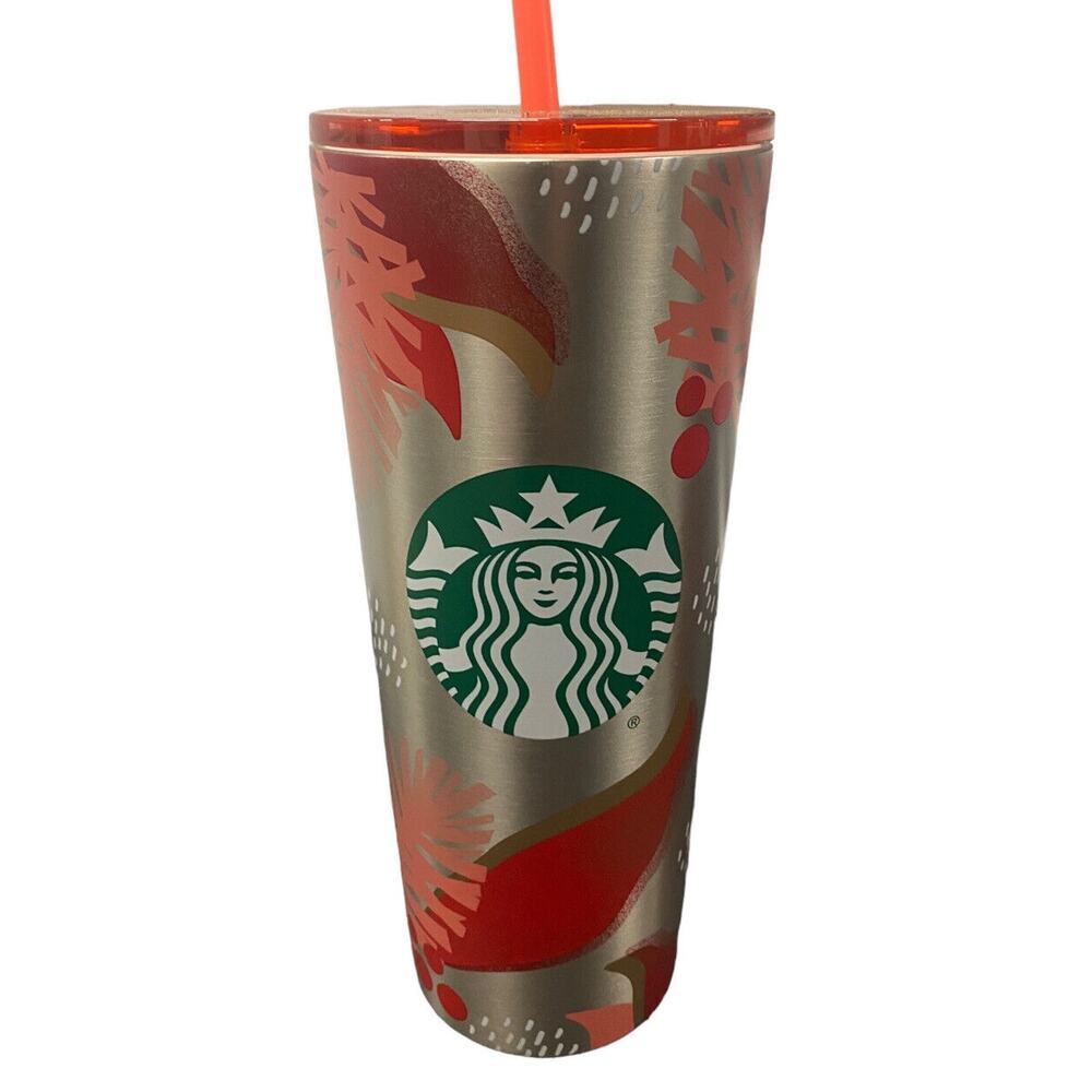 Starbucks Holiday 2019 Silver Holly Red Pink Stainless Steel Cold Tumbler 24oz